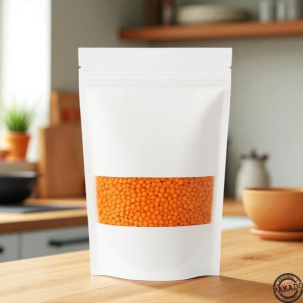 KRAFT Stand-up Pouch with clear window, WHITE, 130х200х32, 150g