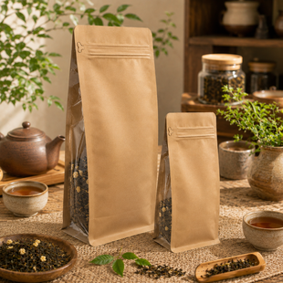 Flat Bottom Pouch KRAFT (przezroczyste fałdy), 120х200х80, BRĄZOWY, 250g