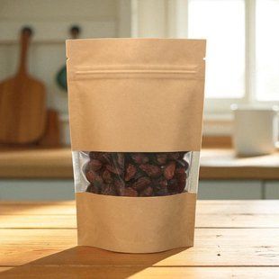 KRAFT Metalized Stand-up Pouch with clear window, BROWN, 140х240х40, 250g